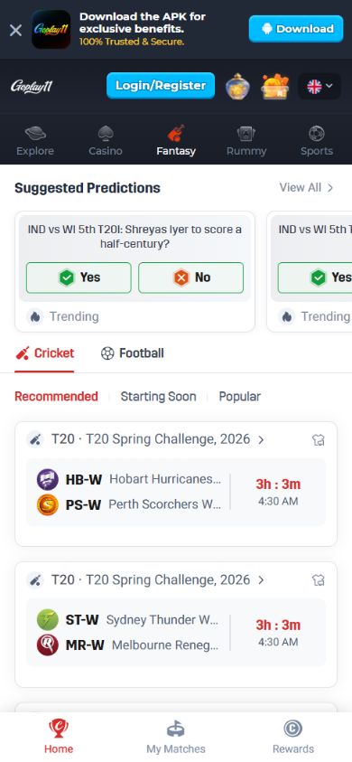 GoPlay11 Fantasy screen with cricket and football tabs, suggested predictions and match listings