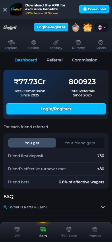 GoPlay11 Referral dashboard with commission tabs and qualifying conditions