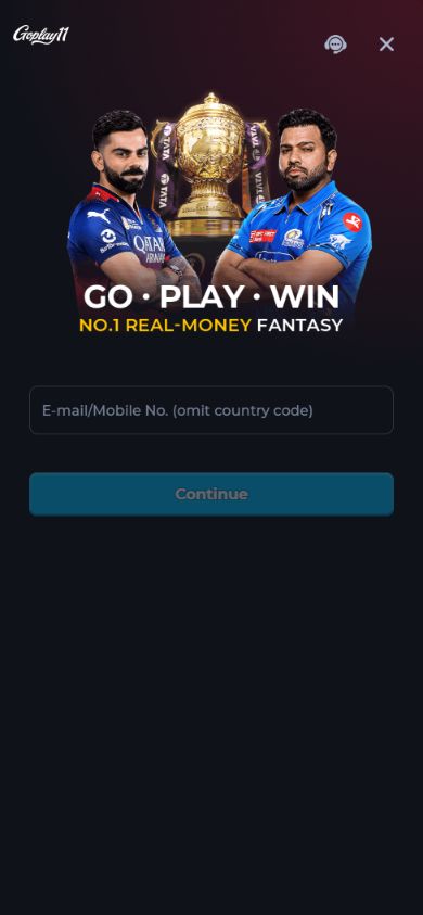 GoPlay11 Login screen with an email or mobile number field
